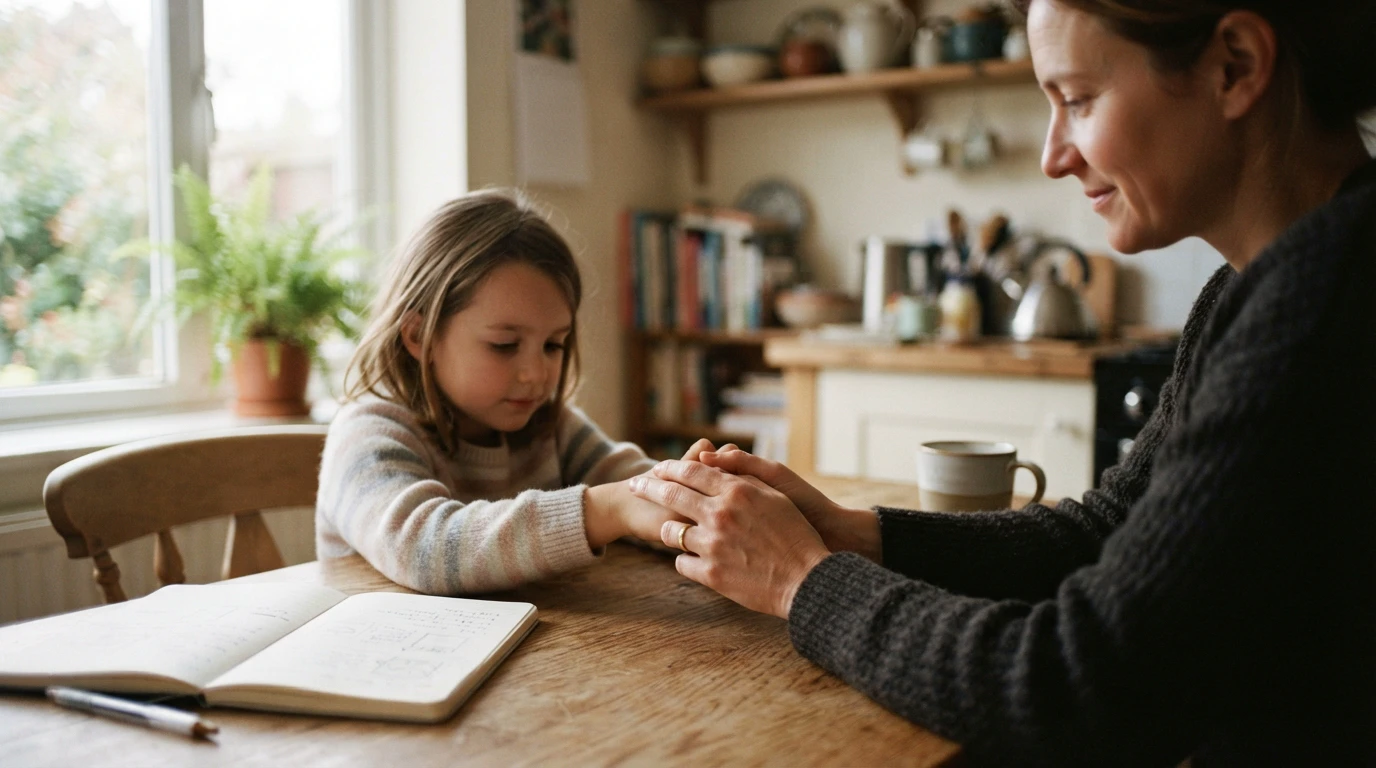 A parent's hands gently holding a child's hands across a kitchen table
